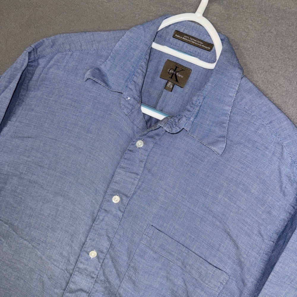 Calvin Klein Shirt Mens 15.5 34-35 Blue Long Sleeve Cotton Micro Pattern Button